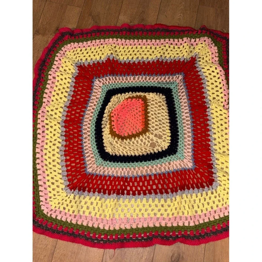 Vintage Handmade Crochet Square Tablecloth Multi Color Boho Granny Square 30x30